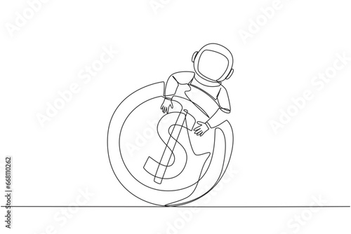 Single one line drawing astronaut hugging dollar sign coin. Not only finding water, astronaut also found coins while on expeditions on the moon's surface. Continuous line design graphic illustration