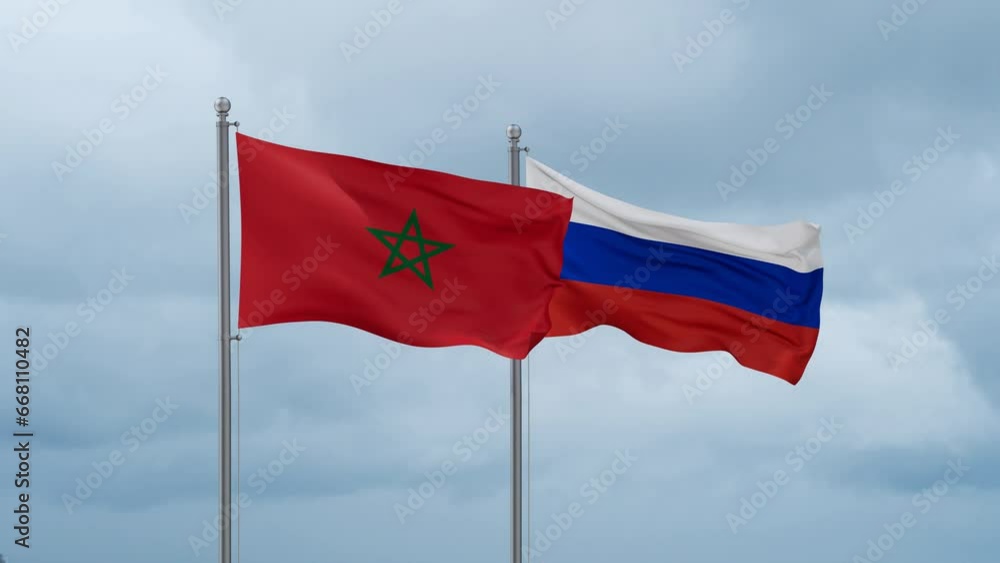 Russian Federation and Morocco flag waving together on cloudy sky, endless seamless loop Russian Federation and Morocco flag waving together on cloudy sky, endless seamless loop