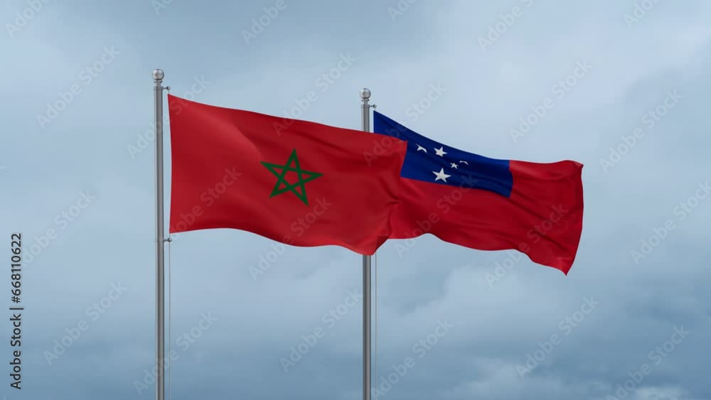 Samoa and Morocco flag waving together on cloudy sky, endless seamless loop, two country cooperation concept Samoa and Morocco flag waving together on cloudy sky, endless seamless loop, two country cooperation concept