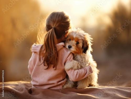 Back view of a girl hugging her puppy