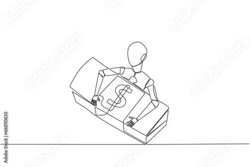 Single one line drawing robotic hugging pile of banknotes. Automatic scanning prevents misuse of money. Future artificial intelligence technology concept. Continuous line design graphic illustration