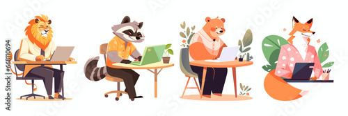 Business animal raccoon, fox, bear, lion works at laptop. Cute Funny animals for Childrens Book Decoration. Vector flat illustration © Mark