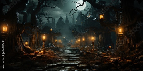 Sinister forest path with halloween decorations