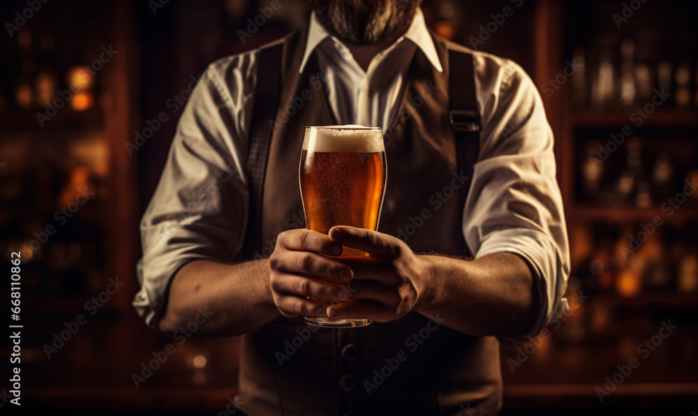 Freshly tapped beer. Confident bartender man holding a beer glass in a pub. Freshly tapped beer. Confident bartender man holding a beer glass in a pub.