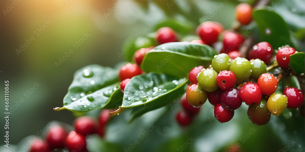 Fototapeta premium coffee berries with water droplets on organic farm.