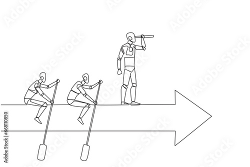 Continuous one line drawing three robots ride arrows. Teamwork with two of them rowing, the rest standing up using binoculars. Future tech development. Single line draw design vector illustration