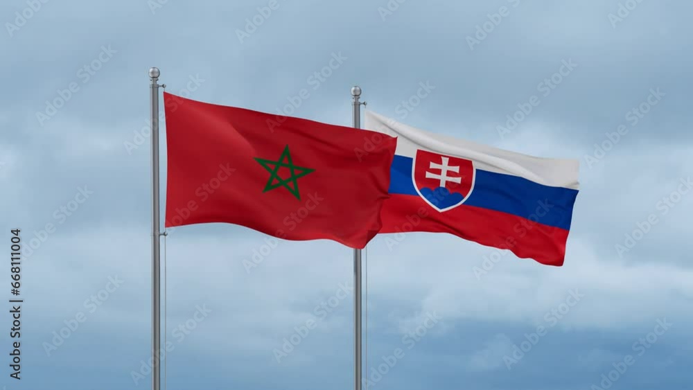 Slovak Republic or Slovakia and Morocco flag waving together on cloudy sky, endless seamless loop, two country cooperation concept Slovak Republic or Slovakia and Morocco flag waving together on cloudy sky, endless seamless loop, two country cooperation concept