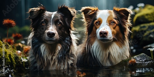 Two dogs in forest near lake. Two cute border collies in summer at water in the fog © Sanych