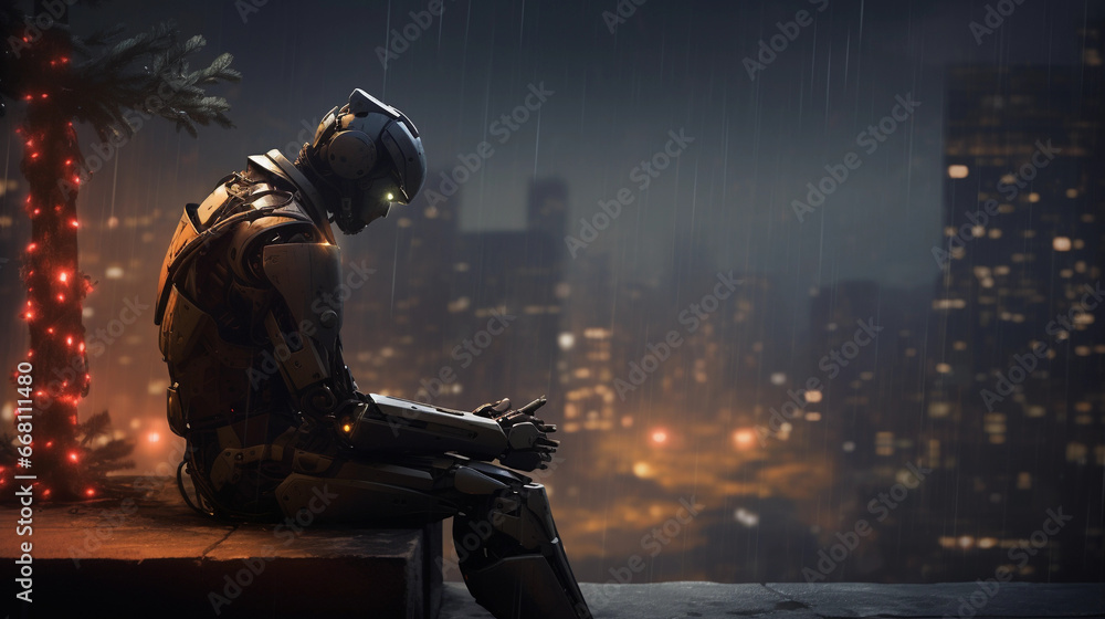 Fototapeta premium Lonely sad robot at christmas contemplating existence