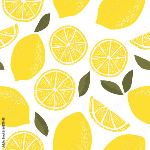 Hand-drawn lemon pattern, seamless citrus pattern