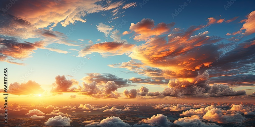 Yellow orange red sunset. Beautiful evening sky with clouds. Skies background with copy space for design. Wide banner.