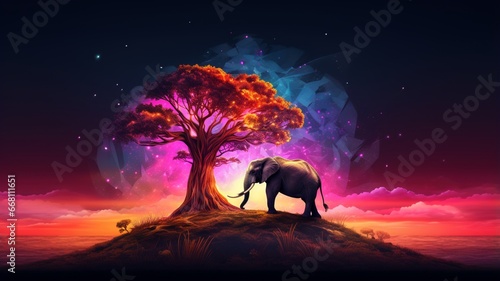 Elephant animal with palm trees mountain neon light glowing image Ai generated art
