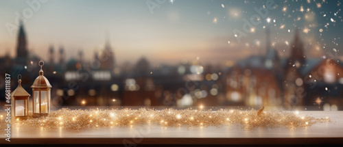 Christmas and New Year greeting card. Festive background with bokeh defocused lights. Copy space.