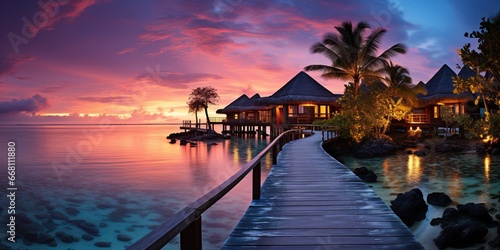 Amazing sunset panorama at Maldives. Luxury resort villas seascape with soft led lights under colorful sky. Beautiful twilight sky and colorful clouds. Beautiful beach background for vacation photo