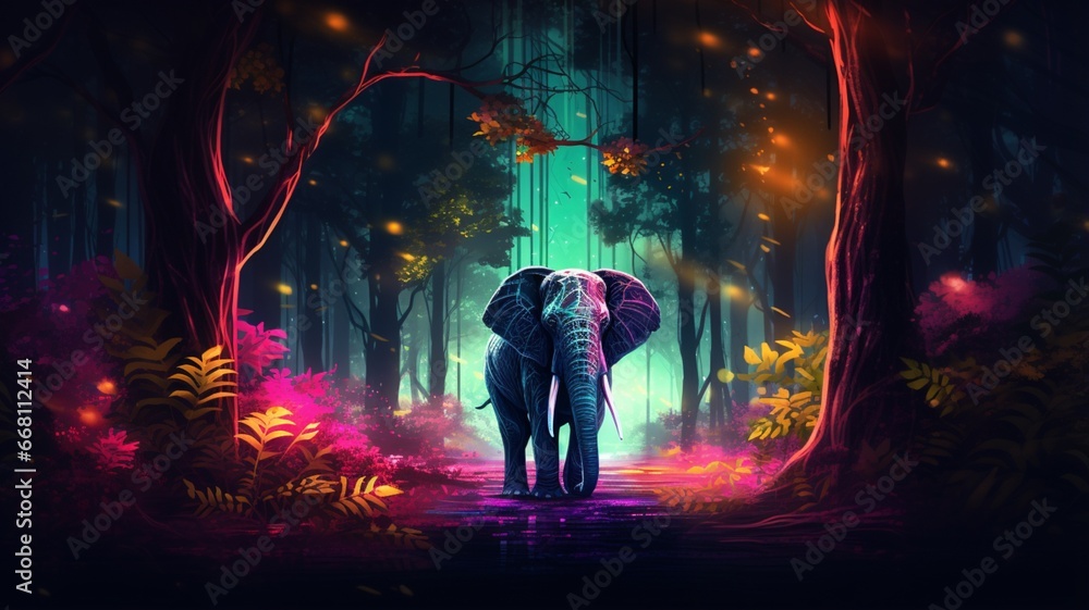 Elephant walks through forest neon wallpaper image Ai generated art
