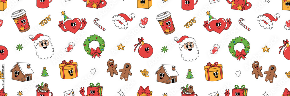 Merry Christmas groovy funny cartoon seamless pattern. Santa Claus, Christmas tree, coffee and ball in trendy funky retro cartoon style. Greeting background, wrapping paper, textile, wallpaper. Merry Christmas groovy funny cartoon seamless pattern. Santa Claus, Christmas tree, coffee and ball in trendy funky retro cartoon style. Greeting background, wrapping paper, textile, wallpaper.