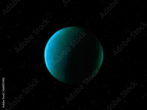 Realistic planet covered with clouds in turquoise color. Exoplanet isolated on a black background. Extrasolar planet with a solid surface.