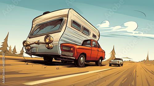 A cartoon illustration of a car pulling a caravan