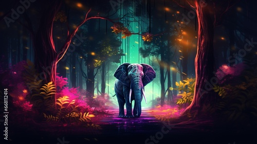 Elephant walks through forest neon wallpaper image Ai generated art