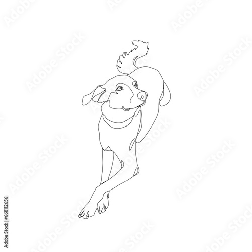 Dog, continuous line drawing, a pet small tattoo, print for clothes, silhouette one single line on white background, isolated vector illustration.
