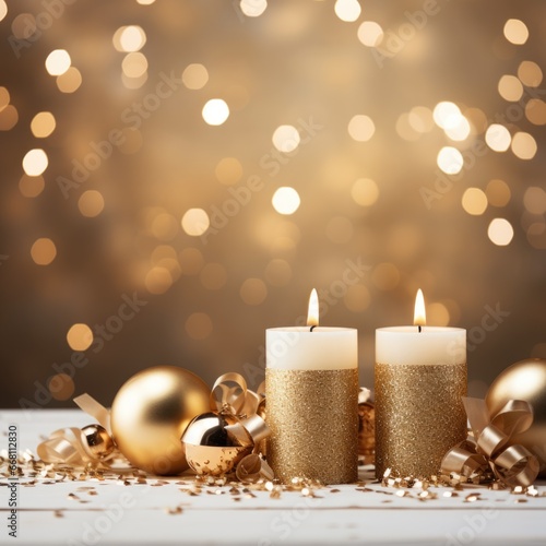 Christmas and New Year holiday banner with a Gold background and a Twinkling Candles. Concept with space for text for ads  banners and greeting card