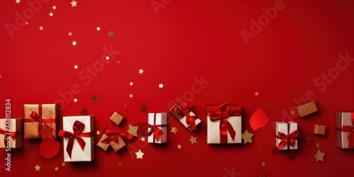 With many gift boxes tied with velvet ribbons and paper decorations on a red background. Banner, copy space, top view © Dmitriy