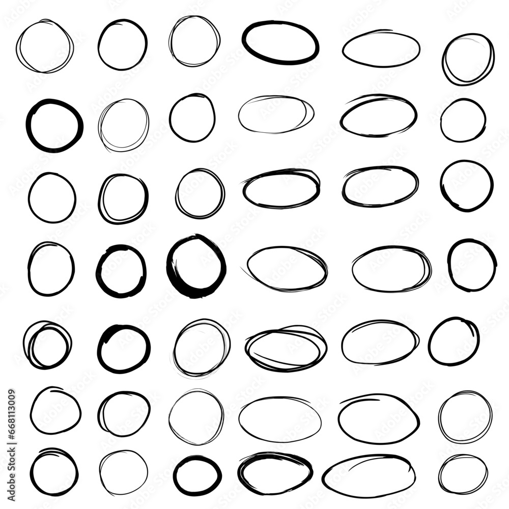 Doodle set of black hand drawn circle line sketch set. Vector circular scribble doodle round circles for message note mark design element. Pencil or pen highlighter elipses shapes
