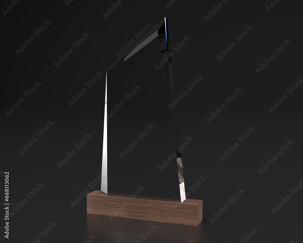 Blank crystal trophy mockup, 3d rendering. Empty acrylic award design mock up. Transparent crystal prize plate template. Premium first place prize plaque, isolated on black - obrazy, fototapety, plakaty 