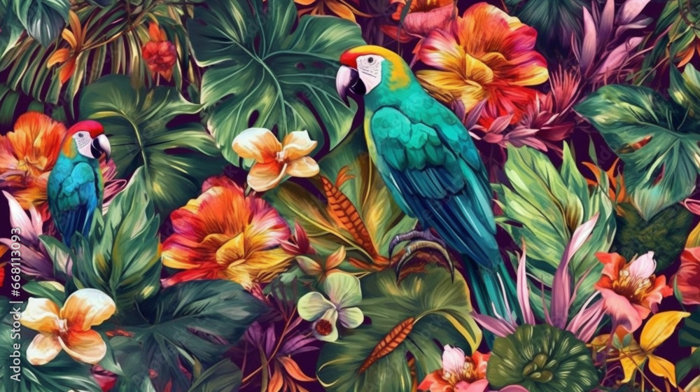 Fototapeta premium tropical pattern with jungle vegetation and exotic fauna in bright colors