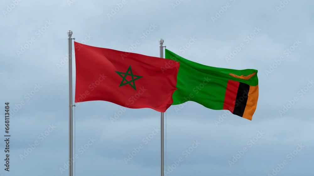 Zambia and Morocco flag waving together on cloudy sky, endless seamless loop, two country cooperation concept Zambia and Morocco flag waving together on cloudy sky, endless seamless loop, two country cooperation concept