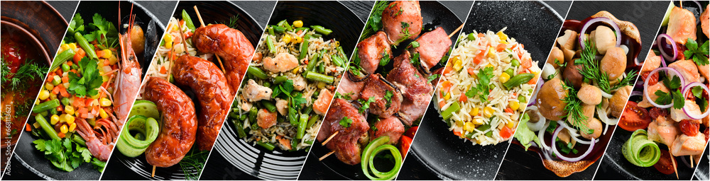 A photo collage of vegetables, meat and seafood dishes. A set of dishes in plates. Photo banner for a food site. - obrazy, fototapety, plakaty 