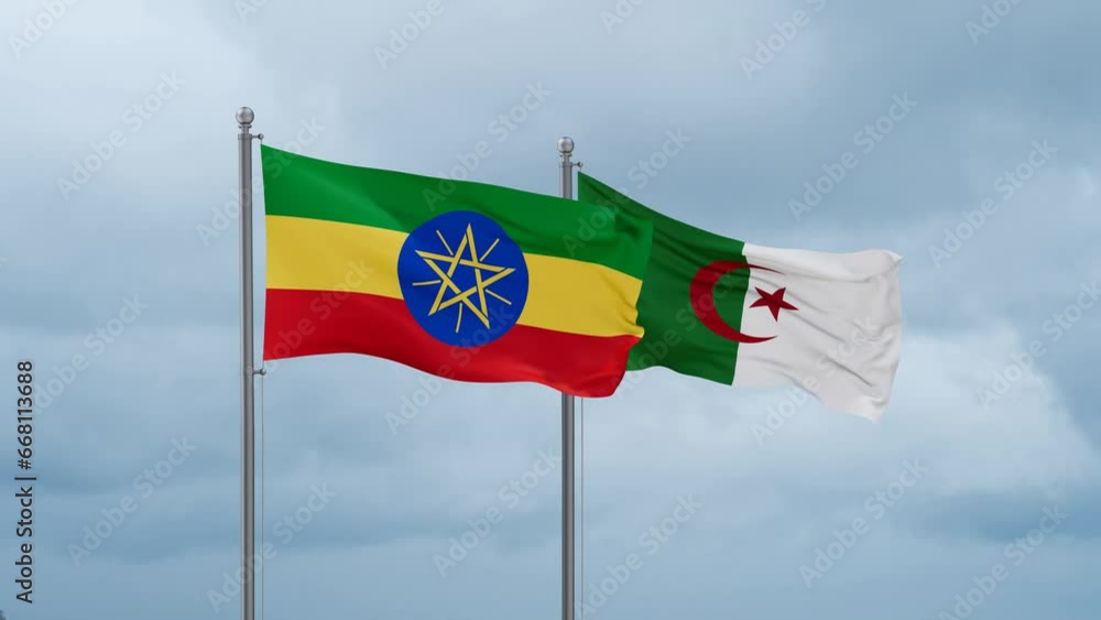Ethiopia flag and Algeria flag waving together on cloudy sky, endless seamless loop Ethiopia flag and Algeria flag waving together on cloudy sky, endless seamless loop