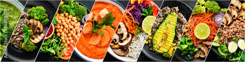 Photo collage of dietary dishes and healthy food. A set of dishes in plates. Photo banner for a food site.