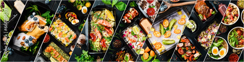 Photo collage. The concept of a balanced diet. Healthy take away food and drinks in disposable eco friendly paper containers. Photo banner for a food site.