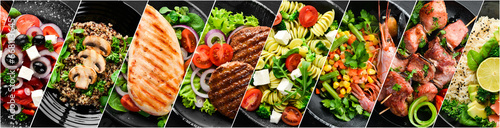 Photo collage. Set of various main dishes. Different healthy main courses, meat and fish dishes, pasta, salads, sauces, bread and vegetables. Photo banner for a food site. photo