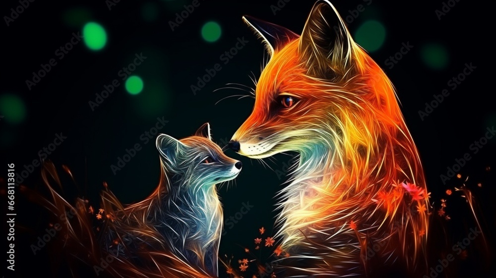 Fox caressing its calf neon light glowing illustration picture Ai generated art