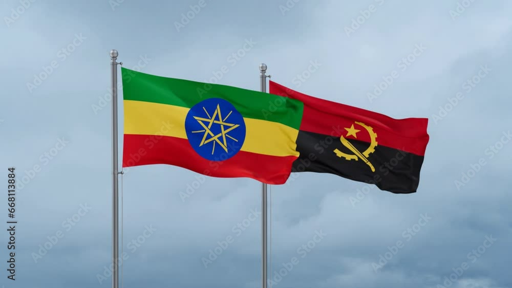 Ethiopia flag and Angola flag waving together on cloudy sky, endless seamless loop Ethiopia flag and Angola flag waving together on cloudy sky, endless seamless loop