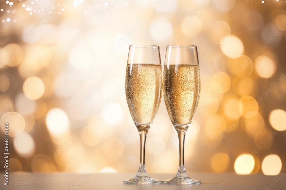 Two champagne flutes on golden blurred lights background for New Year's Eve or celebration Two champagne flutes on golden blurred lights background for New Year's Eve or celebration
