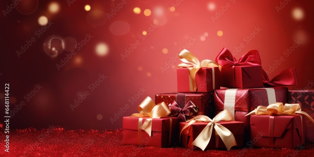Many gift boxes tied with velvet ribbons and paper decorations on a red background. Banner, copy space,