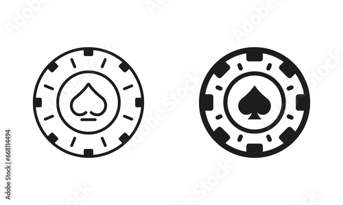Chip Casino, Vegas Roulette Line and Silhouette Icon Set. Play Coin, Lucky and Risk in Gambling Game Pictogram. Poker Chip. Money Bet, Circle Token Symbol Collection. Isolated Vector Illustration