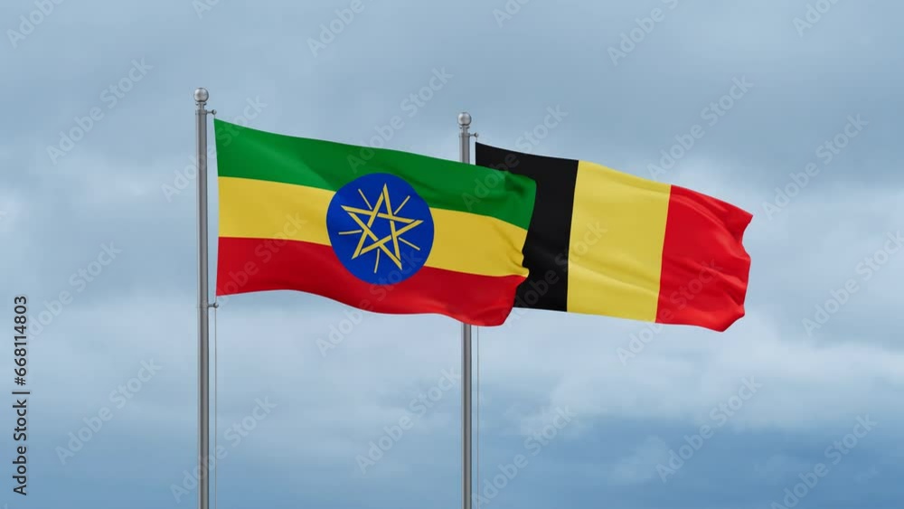 Belgium flag and Ethiopia flag waving together on cloudy sky, endless seamless loop, two country relations concept Belgium flag and Ethiopia flag waving together on cloudy sky, endless seamless loop, two country relations concept