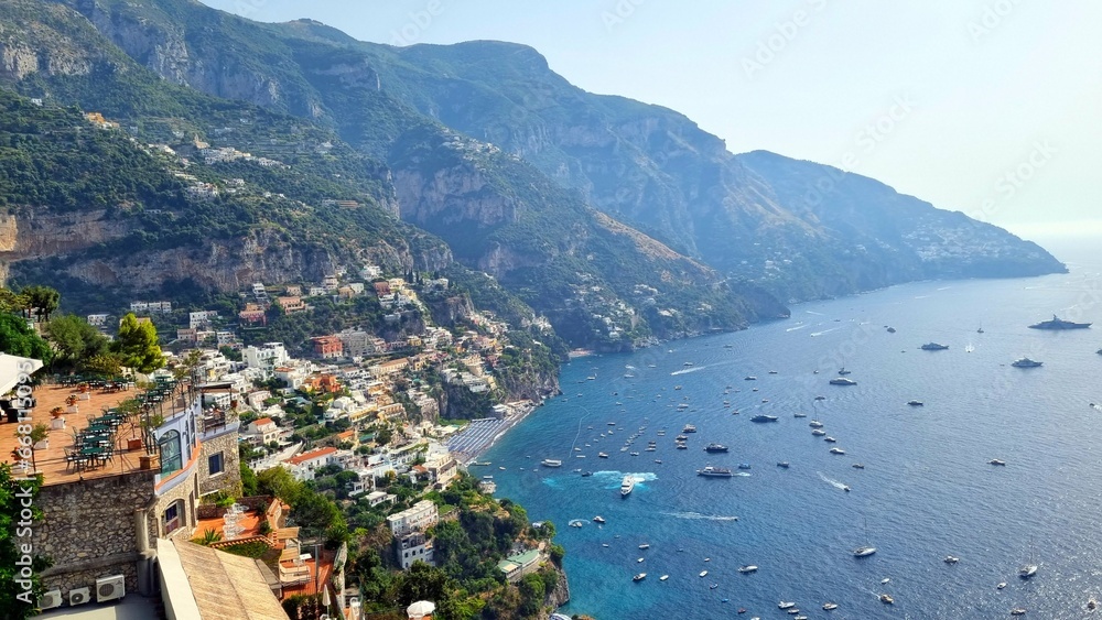 Positano - Italy - Aerial view over the Mediterranean dream location on the mountains of the Amalfi Coast