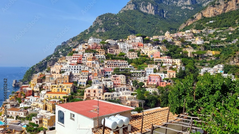 Positano - Italy - View from the drone over the beautiful place on the Amlfi coast