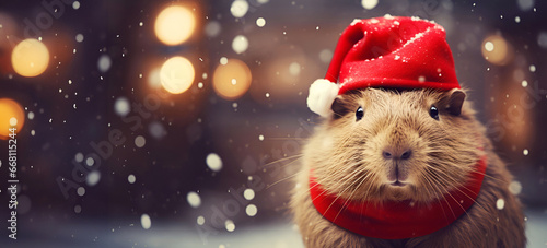 Capybara Celebrates Christmas in Style with Santa's Hat. Banner. Space for text. Generative AI photo