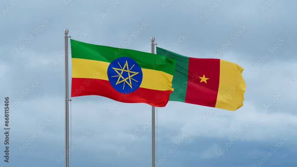 Cameroon flag and Ethiopia flag waving together on cloudy sky, endless seamless loop, two country relations concept Cameroon flag and Ethiopia flag waving together on cloudy sky, endless seamless loop, two country relations concept