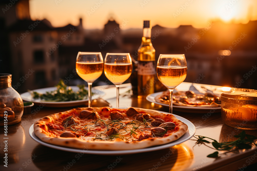 Table served with pizzas and wine on top of a terrace overlooking the city with golden sunset light Table served with pizzas and wine on top of a terrace overlooking the city with golden sunset light