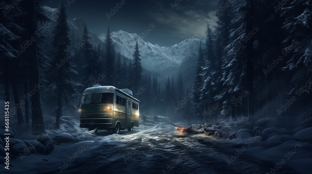 Concept of auto travel during winter holiday season. Road trip journey. Generative AI. An old retro vintage motorhome bus stands in a snowy winter forest against the backdrop of mountain peaks.
