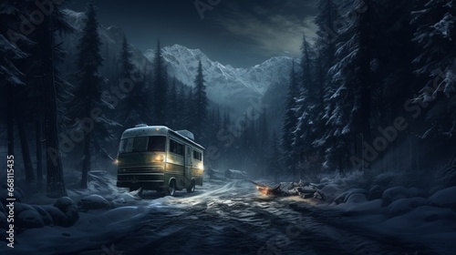 Concept of auto travel during winter holiday season. Road trip journey. Generative AI. An old retro vintage motorhome bus stands in a snowy winter forest against the backdrop of mountain peaks.