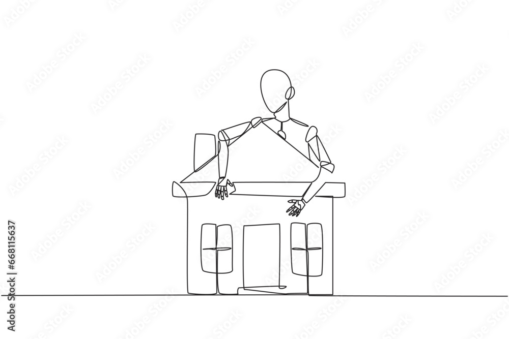 Single continuous line drawing robot hugging miniature house. His artificial intelligence is able to quickly build miniature houses. Future technology development. One line design vector illustration Single continuous line drawing robot hugging miniature house. His artificial intelligence is able to quickly build miniature houses. Future technology development. One line design vector illustration