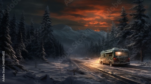 Concept of auto travel during winter holiday season. Road trip journey. Generative AI. An old green retro vintage motorhome bus stands in a snowy winter forest against the backdrop of mountain peaks.